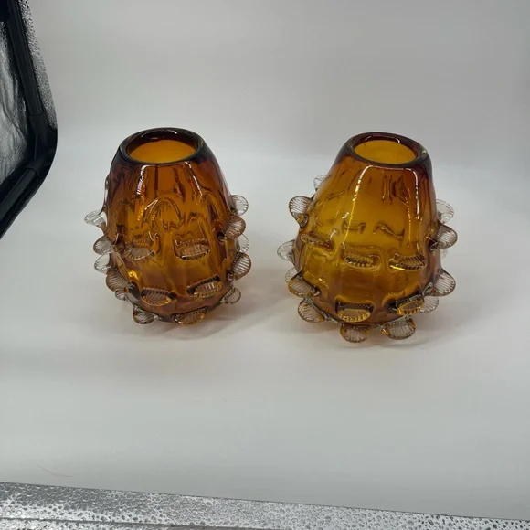 Vintage MCM Set‎ of 2 Amber Glass Vases with Textured Design 7” Tall Heavy